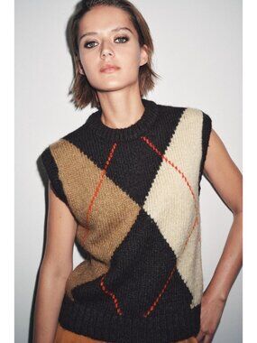Zara Womens Sweater Vest XL Multicolor Argyle Chunky Knit Pullover Jumper NWT